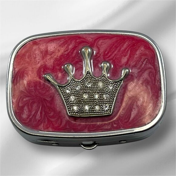 Jeweled Crown Pillbox, Compact With Mirror, Pink, Push Button Opening - Picture 1 of 8
